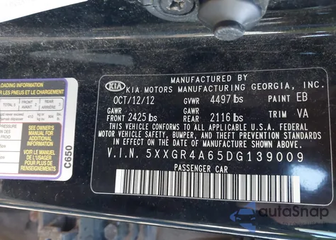 2013 Kia Optima Sx z USA, uszkodzony, nr VIN 5XXGR4A65DG139009